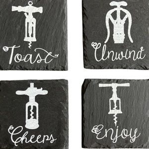 Wine Themed Coasters Set of Four Corkscrews with Wine Words Black Slate Barware